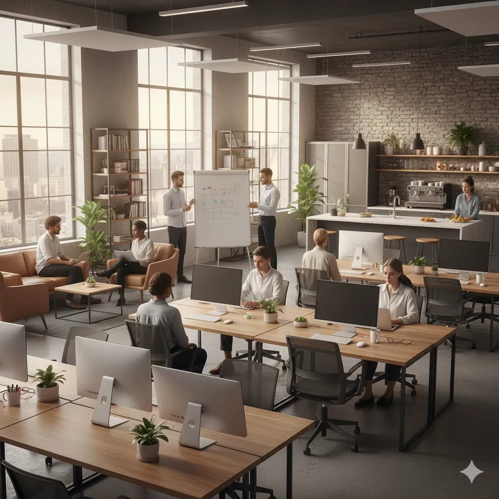 Funcionários de uma pequena empresa participando de um treinamento em equipe