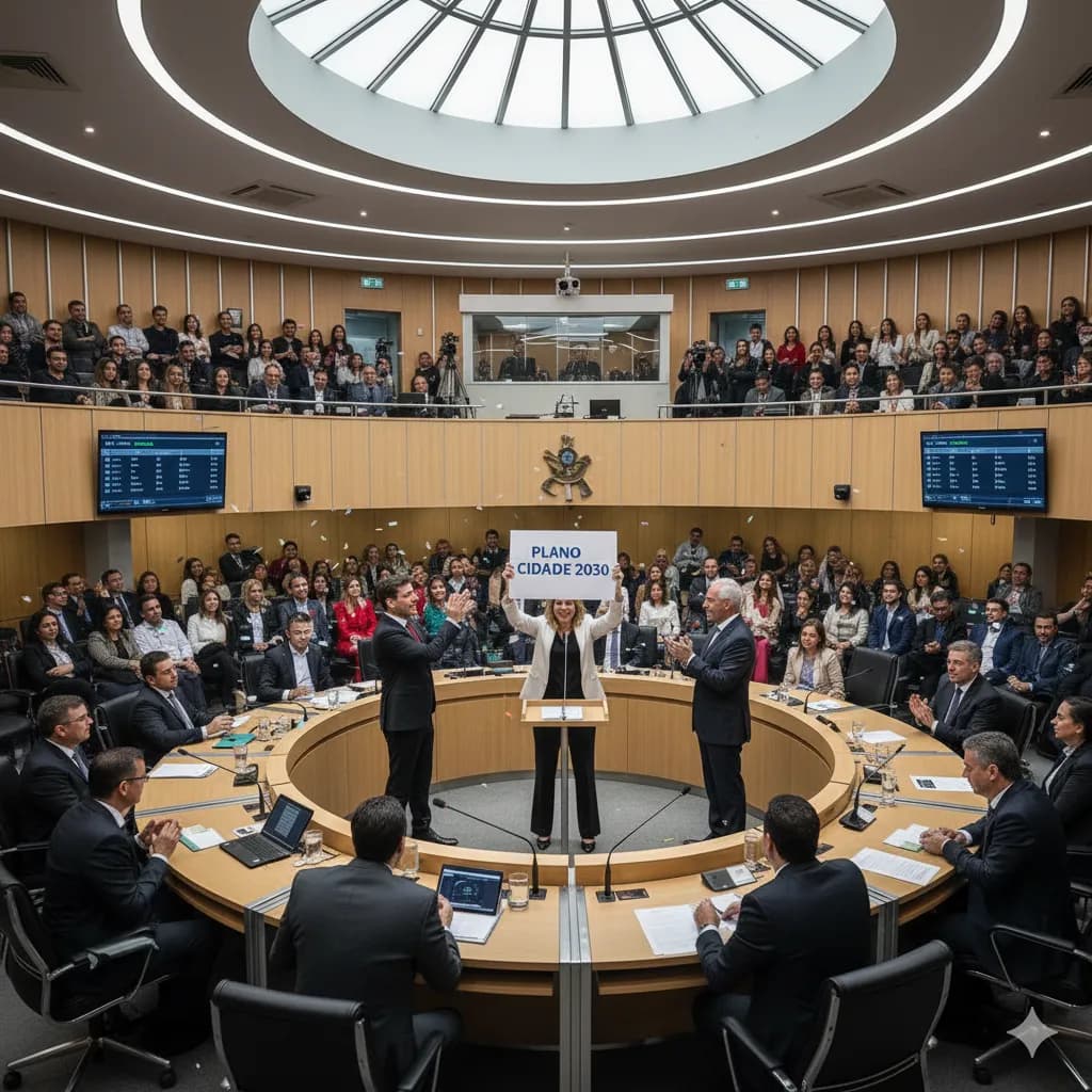 Vereadores votando no novo Plano Diretor durante a sessão.