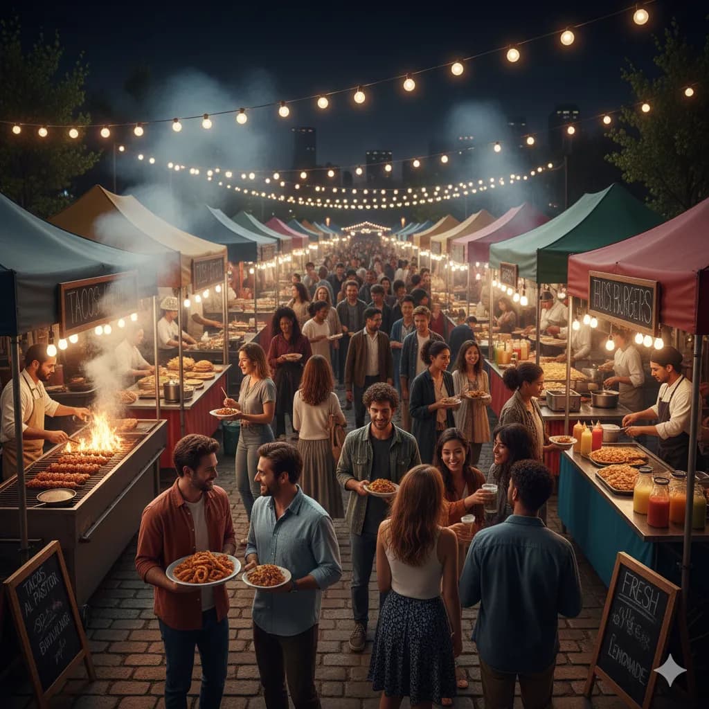 Chefs preparando pratos em barracas durante um festival ao ar livre.