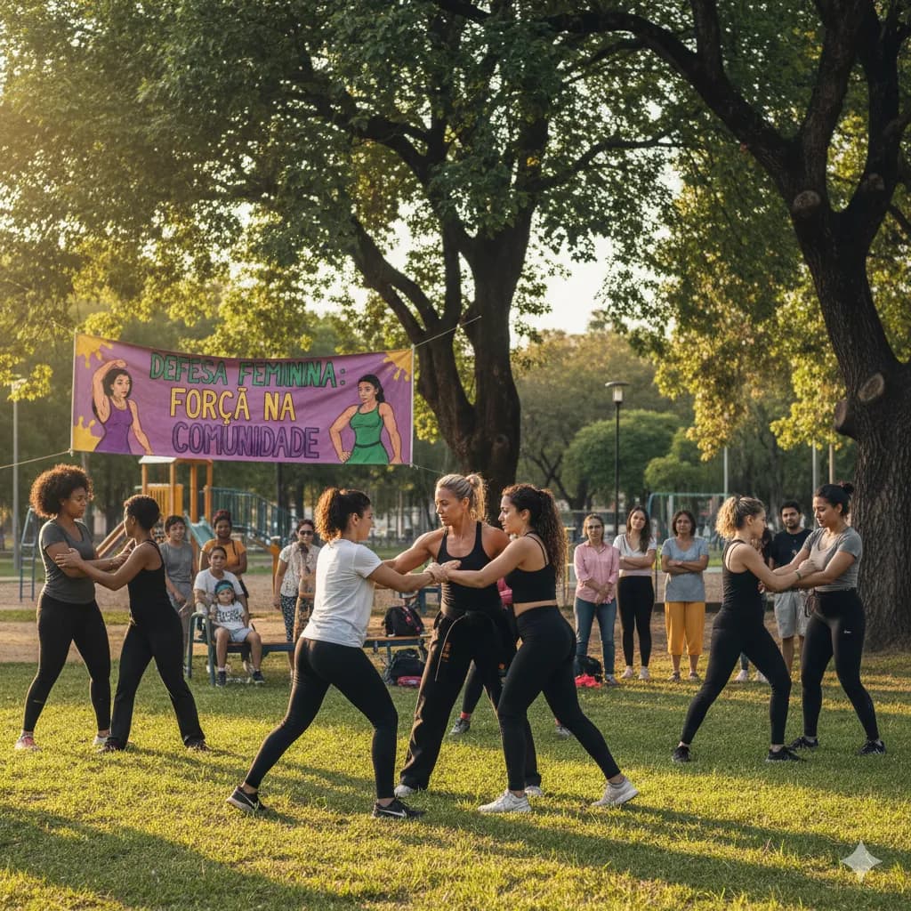 Mulheres praticando técnicas de autodefesa em uma aula comunitária
